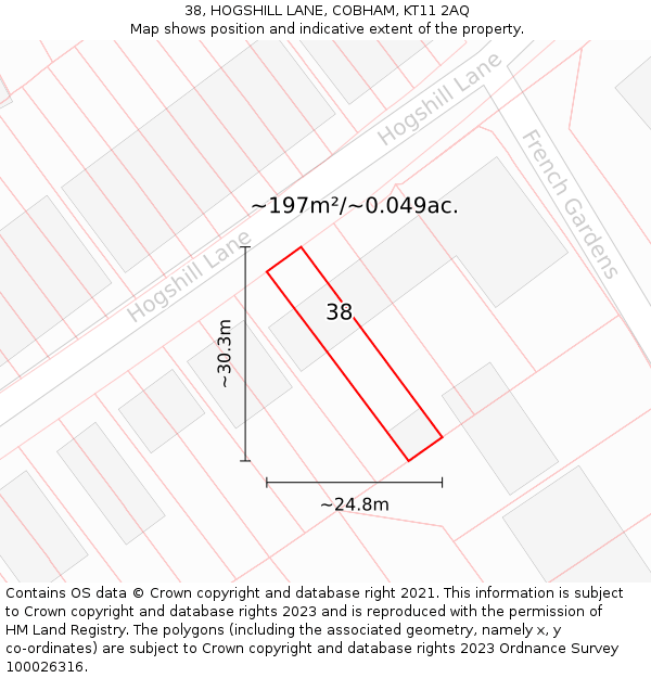 38, HOGSHILL LANE, COBHAM, KT11 2AQ: Plot and title map