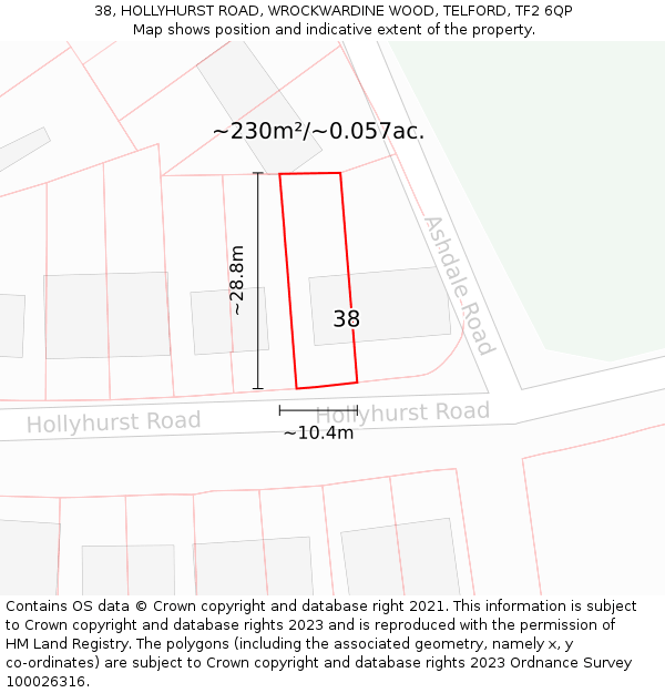 38, HOLLYHURST ROAD, WROCKWARDINE WOOD, TELFORD, TF2 6QP: Plot and title map