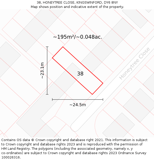 38, HONEYTREE CLOSE, KINGSWINFORD, DY6 8NY: Plot and title map