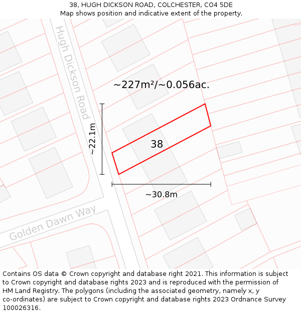 38, HUGH DICKSON ROAD, COLCHESTER, CO4 5DE: Plot and title map