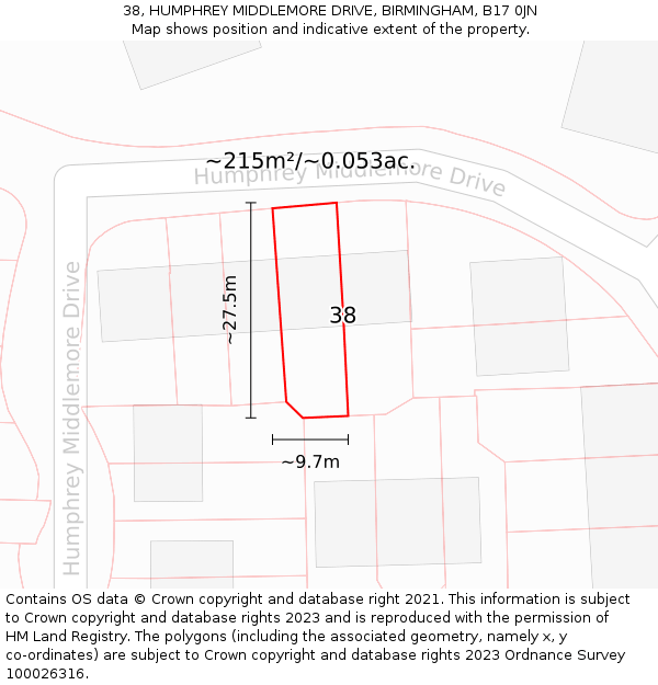 38, HUMPHREY MIDDLEMORE DRIVE, BIRMINGHAM, B17 0JN: Plot and title map