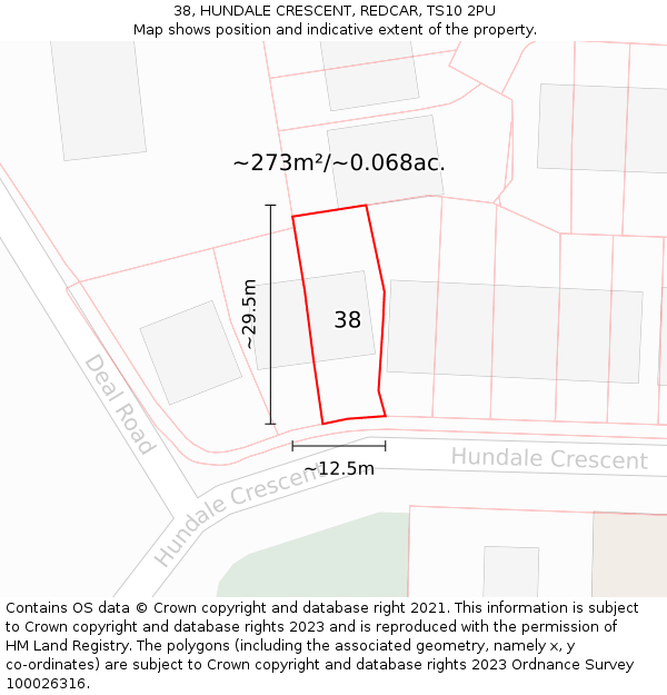 38, HUNDALE CRESCENT, REDCAR, TS10 2PU: Plot and title map