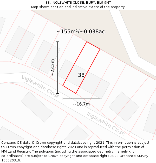 38, INGLEWHITE CLOSE, BURY, BL9 9NT: Plot and title map