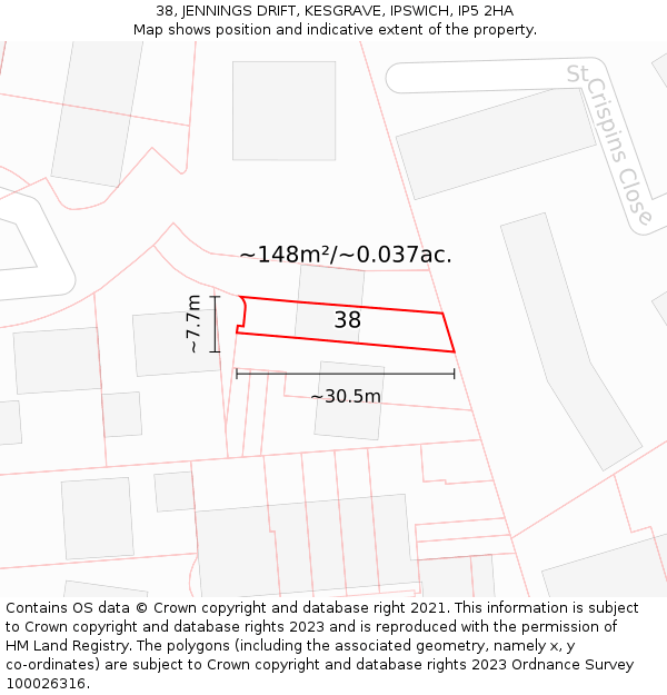 38, JENNINGS DRIFT, KESGRAVE, IPSWICH, IP5 2HA: Plot and title map