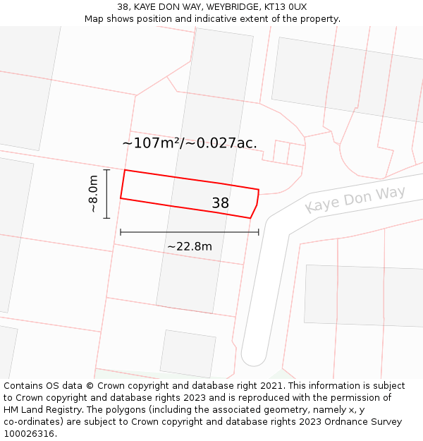 38, KAYE DON WAY, WEYBRIDGE, KT13 0UX: Plot and title map