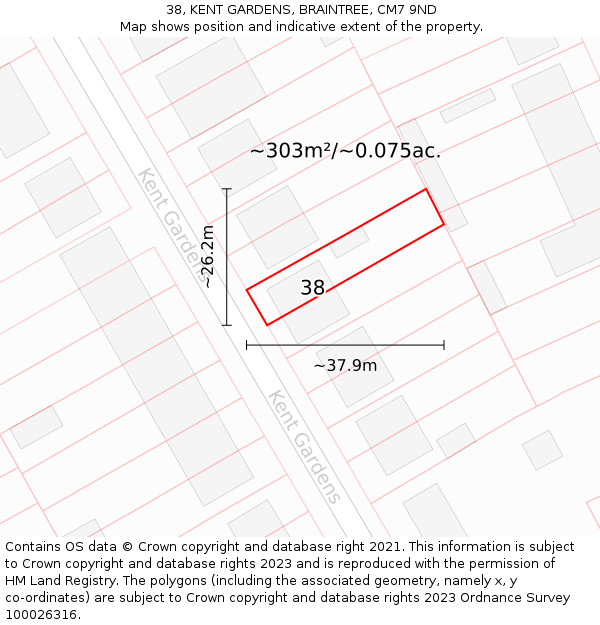 38, KENT GARDENS, BRAINTREE, CM7 9ND: Plot and title map