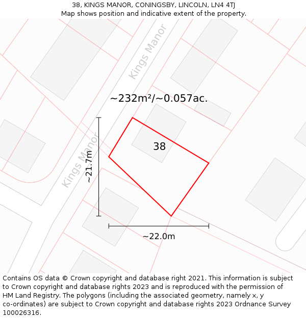 38, KINGS MANOR, CONINGSBY, LINCOLN, LN4 4TJ: Plot and title map