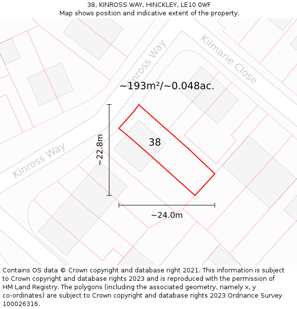 38, KINROSS WAY, HINCKLEY, LE10 0WF: Plot and title map