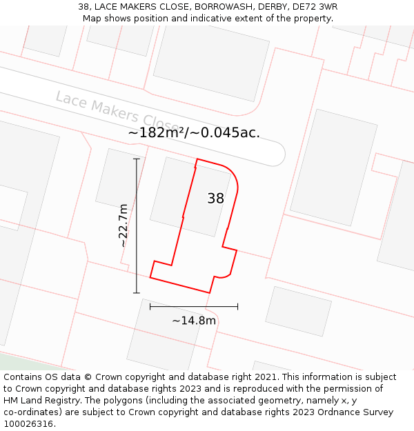 38, LACE MAKERS CLOSE, BORROWASH, DERBY, DE72 3WR: Plot and title map