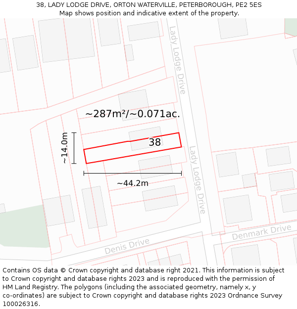 38, LADY LODGE DRIVE, ORTON WATERVILLE, PETERBOROUGH, PE2 5ES: Plot and title map