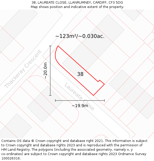 38, LAUREATE CLOSE, LLANRUMNEY, CARDIFF, CF3 5DG: Plot and title map