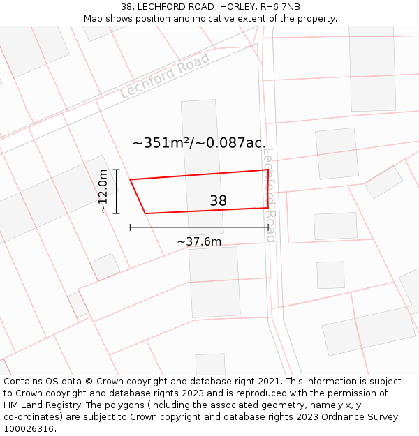 38, LECHFORD ROAD, HORLEY, RH6 7NB: Plot and title map