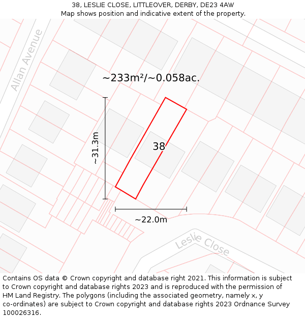 38, LESLIE CLOSE, LITTLEOVER, DERBY, DE23 4AW: Plot and title map