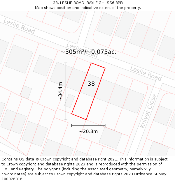 38, LESLIE ROAD, RAYLEIGH, SS6 8PB: Plot and title map