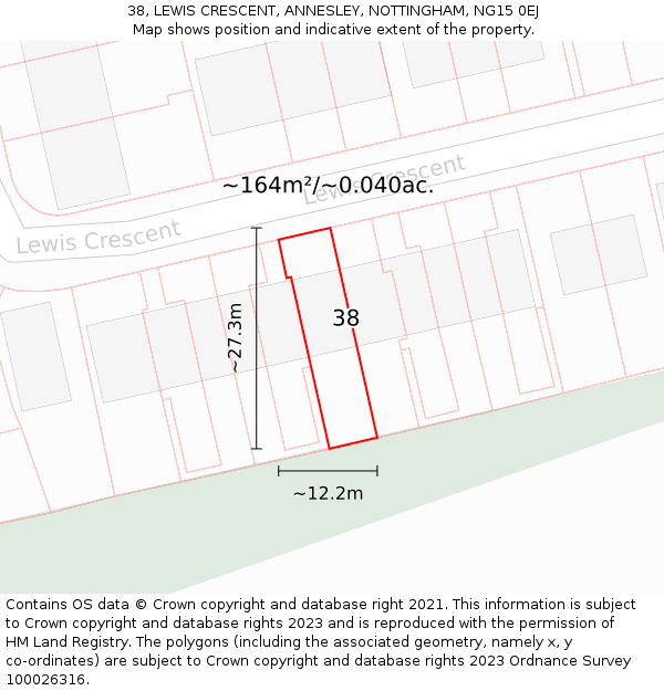 38, LEWIS CRESCENT, ANNESLEY, NOTTINGHAM, NG15 0EJ: Plot and title map