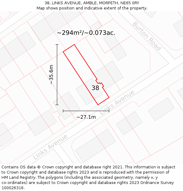 38, LINKS AVENUE, AMBLE, MORPETH, NE65 0RY: Plot and title map