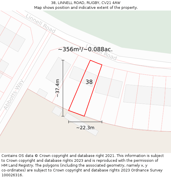 38, LINNELL ROAD, RUGBY, CV21 4AW: Plot and title map