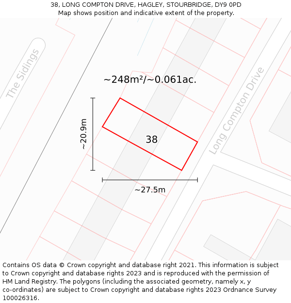 38, LONG COMPTON DRIVE, HAGLEY, STOURBRIDGE, DY9 0PD: Plot and title map