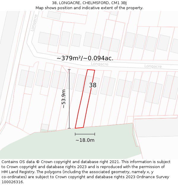 38, LONGACRE, CHELMSFORD, CM1 3BJ: Plot and title map