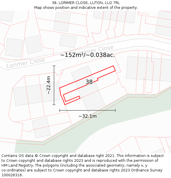 38, LORIMER CLOSE, LUTON, LU2 7RL: Plot and title map