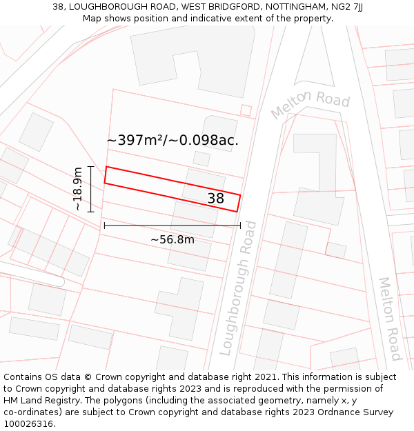 38, LOUGHBOROUGH ROAD, WEST BRIDGFORD, NOTTINGHAM, NG2 7JJ: Plot and title map