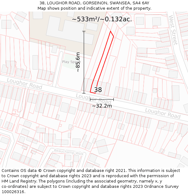 38, LOUGHOR ROAD, GORSEINON, SWANSEA, SA4 6AY: Plot and title map