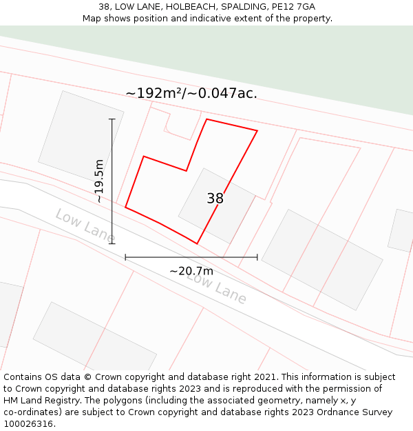 38, LOW LANE, HOLBEACH, SPALDING, PE12 7GA: Plot and title map