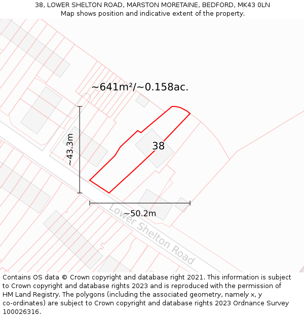 38, LOWER SHELTON ROAD, MARSTON MORETAINE, BEDFORD, MK43 0LN: Plot and title map