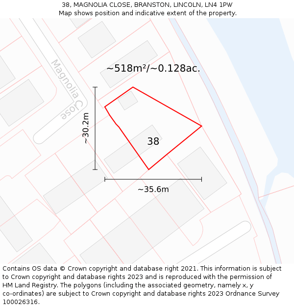 38, MAGNOLIA CLOSE, BRANSTON, LINCOLN, LN4 1PW: Plot and title map