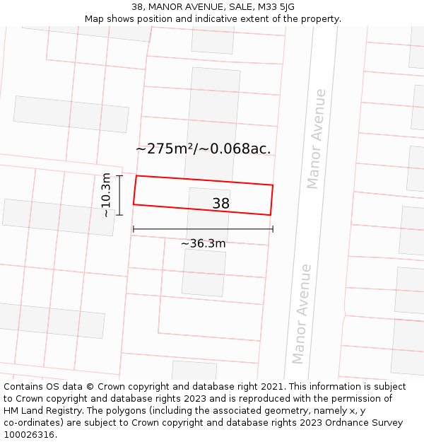 38, MANOR AVENUE, SALE, M33 5JG: Plot and title map