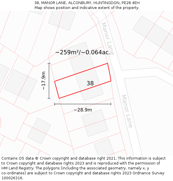 38, MANOR LANE, ALCONBURY, HUNTINGDON, PE28 4EH: Plot and title map