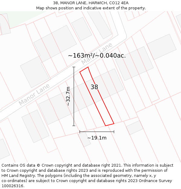 38, MANOR LANE, HARWICH, CO12 4EA: Plot and title map