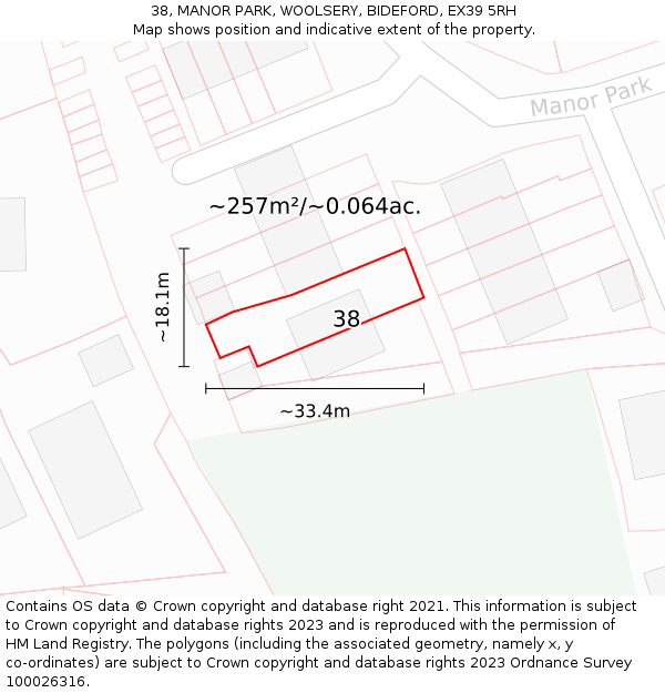 38, MANOR PARK, WOOLSERY, BIDEFORD, EX39 5RH: Plot and title map