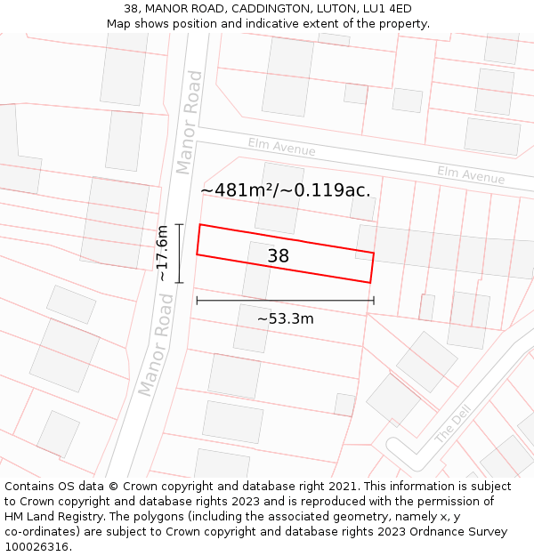 38, MANOR ROAD, CADDINGTON, LUTON, LU1 4ED: Plot and title map