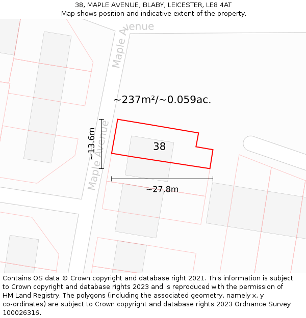 38, MAPLE AVENUE, BLABY, LEICESTER, LE8 4AT: Plot and title map