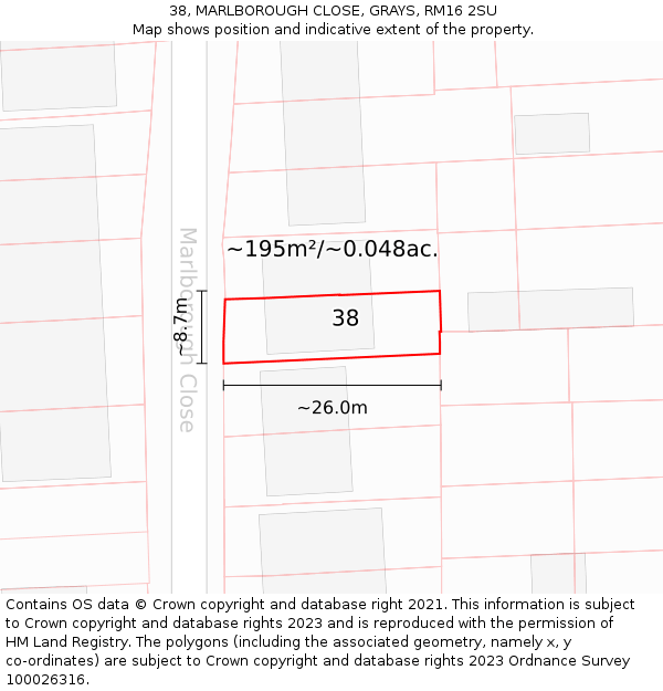 38, MARLBOROUGH CLOSE, GRAYS, RM16 2SU: Plot and title map