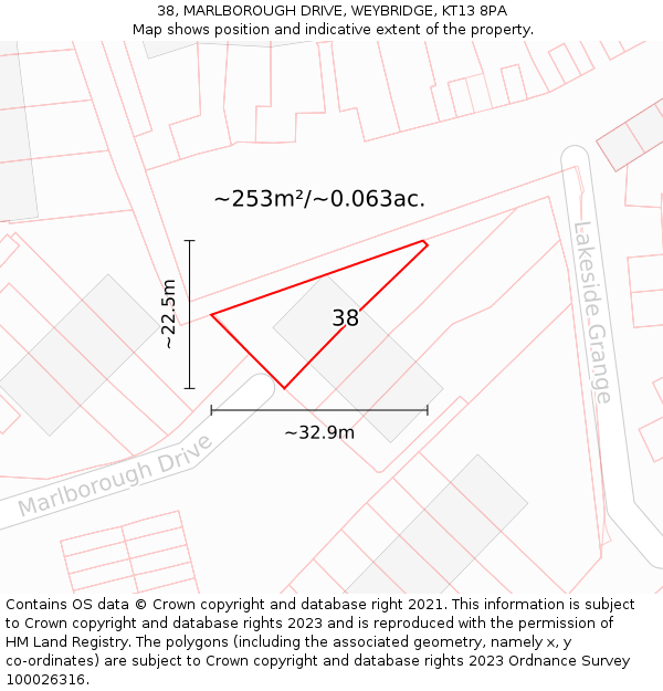 38, MARLBOROUGH DRIVE, WEYBRIDGE, KT13 8PA: Plot and title map