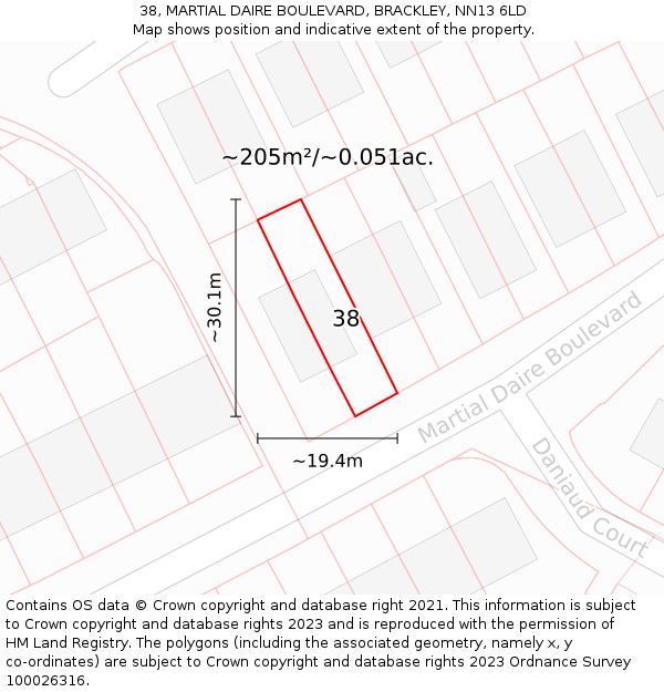 38, MARTIAL DAIRE BOULEVARD, BRACKLEY, NN13 6LD: Plot and title map