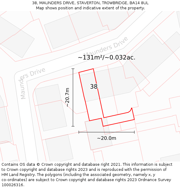 38, MAUNDERS DRIVE, STAVERTON, TROWBRIDGE, BA14 8UL: Plot and title map