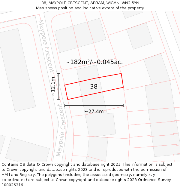 38, MAYPOLE CRESCENT, ABRAM, WIGAN, WN2 5YN: Plot and title map