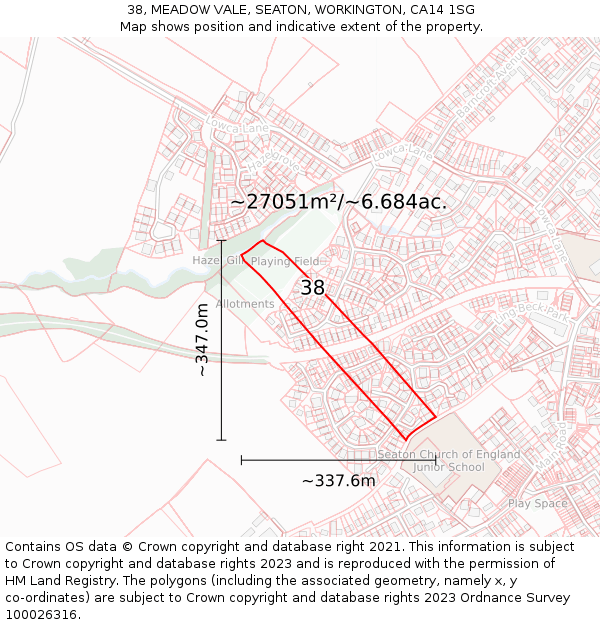 38, MEADOW VALE, SEATON, WORKINGTON, CA14 1SG: Plot and title map