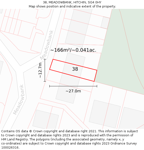 38, MEADOWBANK, HITCHIN, SG4 0HY: Plot and title map