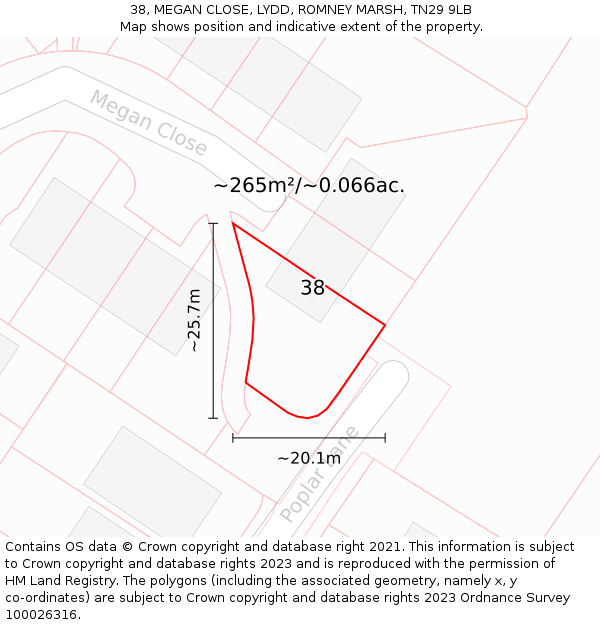 38, MEGAN CLOSE, LYDD, ROMNEY MARSH, TN29 9LB: Plot and title map