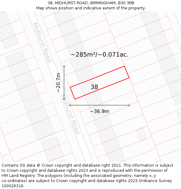 38, MIDHURST ROAD, BIRMINGHAM, B30 3RB: Plot and title map