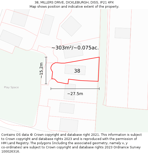 38, MILLERS DRIVE, DICKLEBURGH, DISS, IP21 4PX: Plot and title map