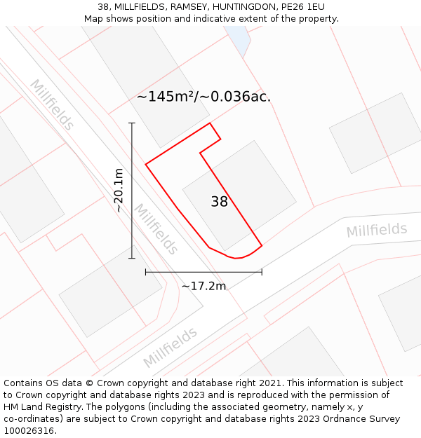 38, MILLFIELDS, RAMSEY, HUNTINGDON, PE26 1EU: Plot and title map