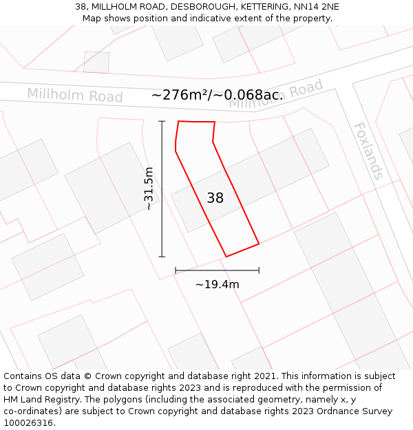 38, MILLHOLM ROAD, DESBOROUGH, KETTERING, NN14 2NE: Plot and title map