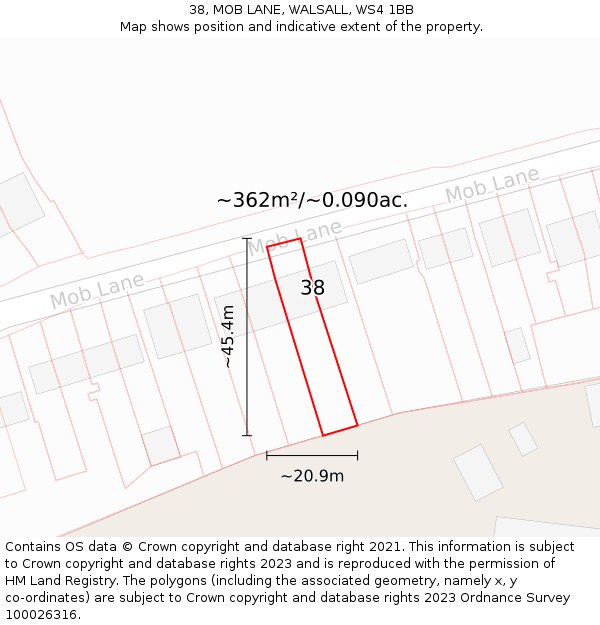 38, MOB LANE, WALSALL, WS4 1BB: Plot and title map