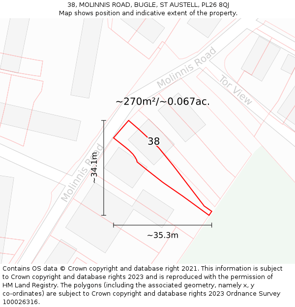 38, MOLINNIS ROAD, BUGLE, ST AUSTELL, PL26 8QJ: Plot and title map