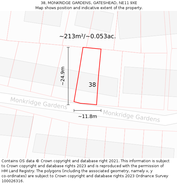 38, MONKRIDGE GARDENS, GATESHEAD, NE11 9XE: Plot and title map